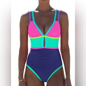 NWT Popvil Neon Tummy Control Plunging Neckline One Piece Swimsuit - Large